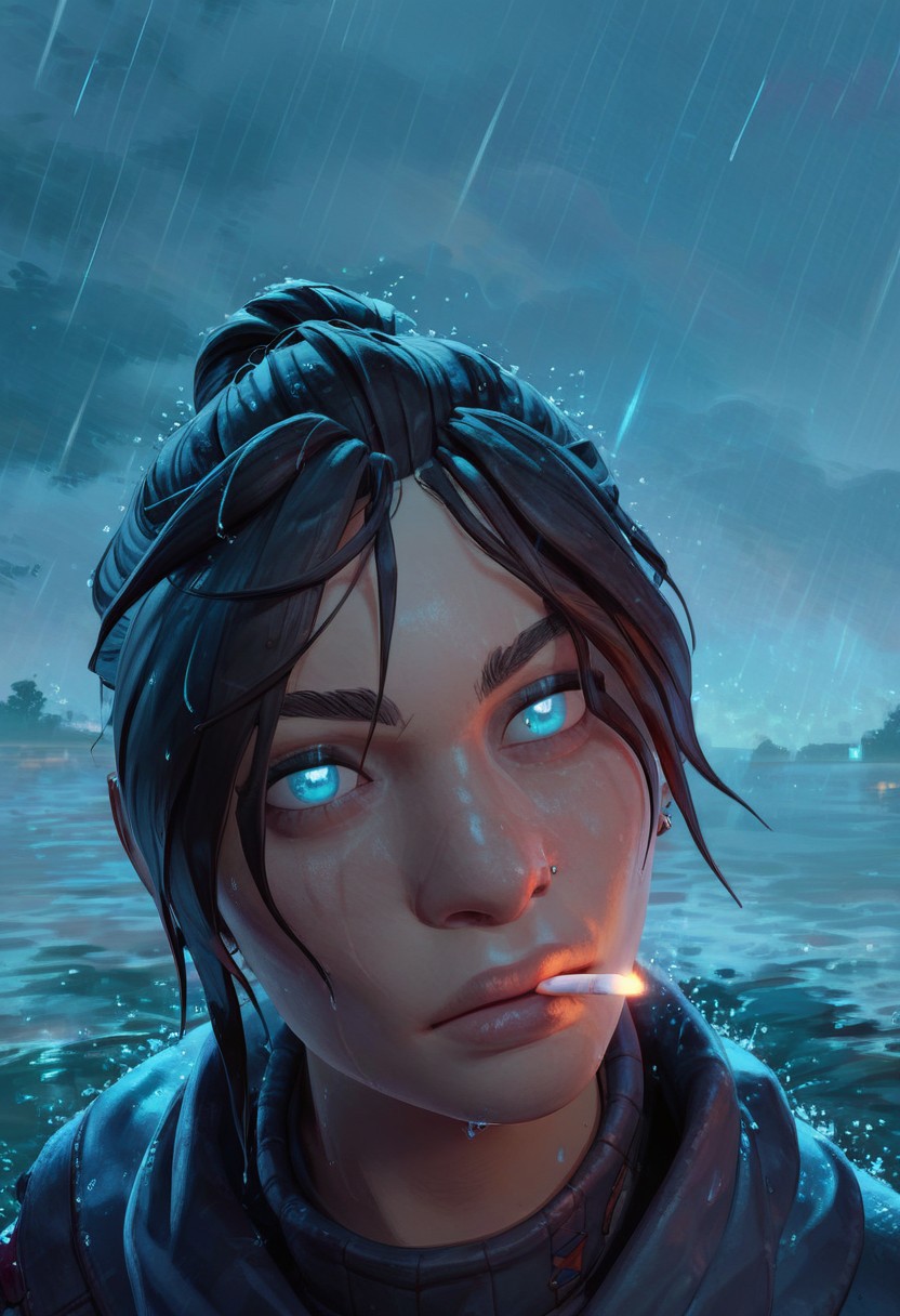 (score_9, score;yy_8_up:1.1), score_7_up,  1girl, solo, wraithxl, girl Smoking a cigarette,<lora:AsuraLycoXL:1>, perfect eyes, Raining background