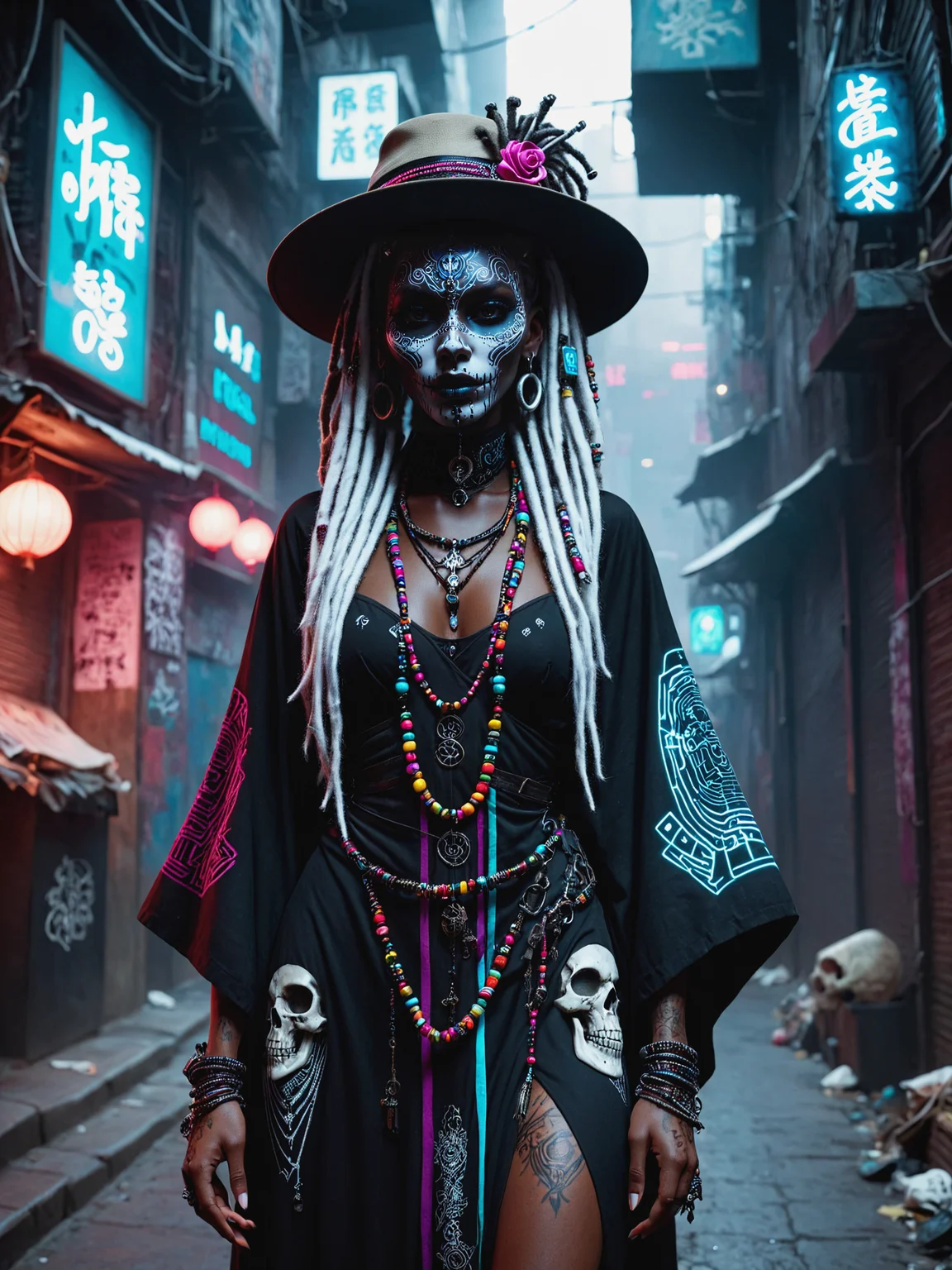 woman, cyberpunk, dark alley way, white face paint, skulls, kaftan, hat, dread locks, beads, magic dark skin, mad-vdprst , night, neon signs, garbage, haze, dynamic pose <lora:Neon_Cyberpunk_Voodoo_Mage_SDXL:0.8>, (masterpiece:1.2), best quality