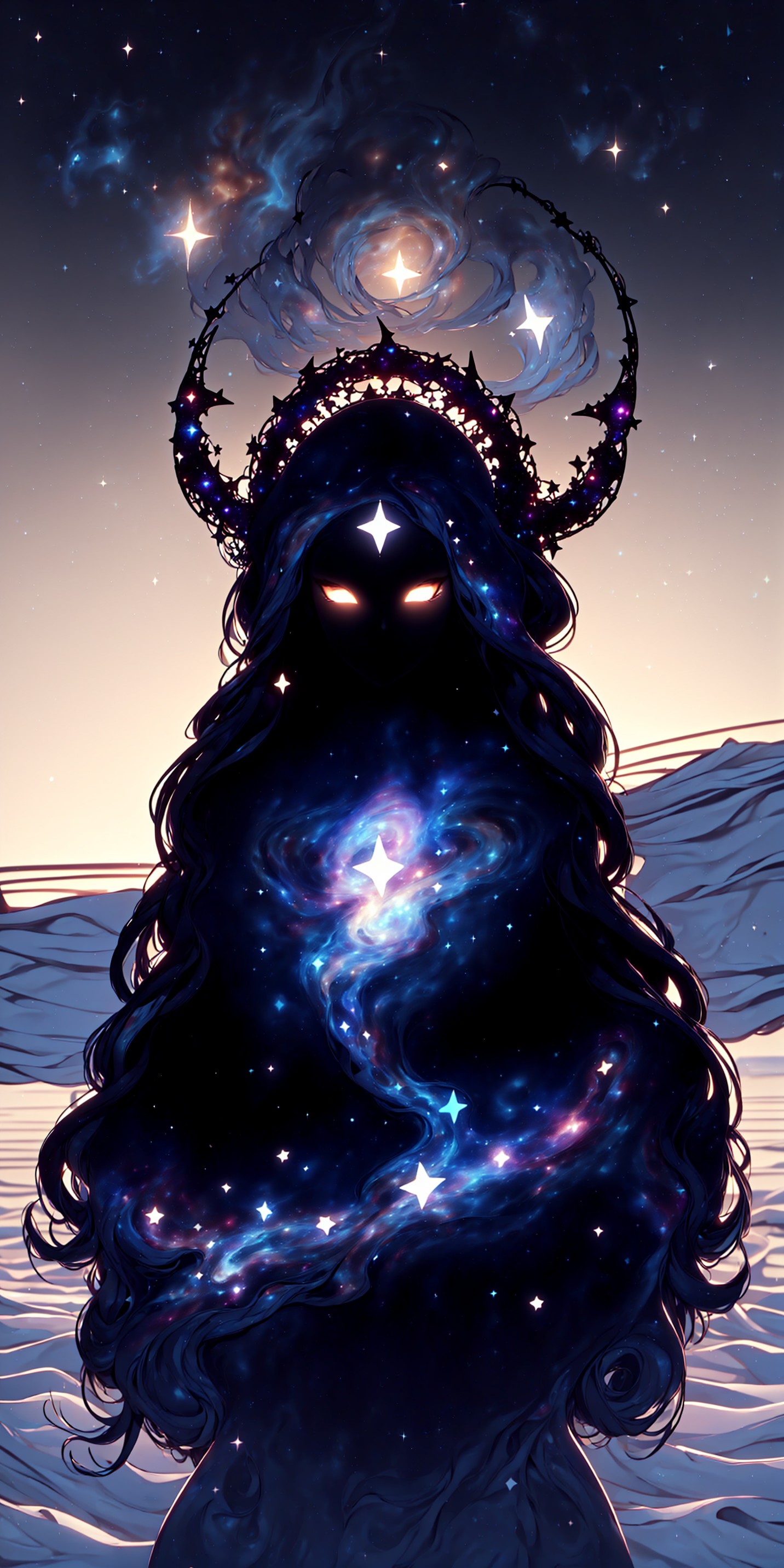 (masterpiece), best quality, expressive eyes, perfect face,
large view, epic scenery, soft colors, soft light, volumetric light, from below, front view, blue hour, (((perspective))),
silhouette of an elegant tall woman, very long hair, black greek dress, large celestial headdress, walking on white sand, sunset, dark celestialskin body, silhouette, jet black skin, flat color, colored skin, void cosmic body, stars, starry sky, halocro, , <lora:a30e1052-b297-41a5-94eb-7d4f346273ed:1.0>, <lora:CelestialSkin:1.0>