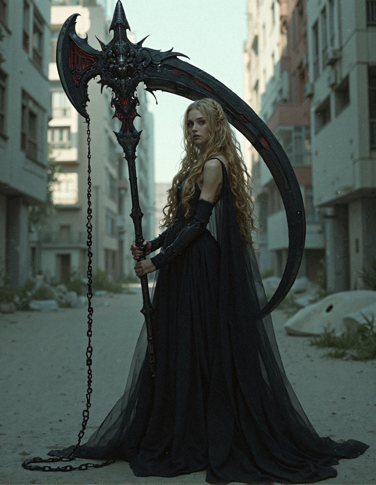 A hyper-realistic and darkly elegant portrait of a silent Valkyrie, standing against a desolate urban backdrop, her long black gown draping in cascading layers, the intricate fabric trailing like the whispers of a forgotten legend. Her delicate yet unyielding expression is framed by soft golden waves, eyes reflecting an unspoken resolve. She grips an otherworldly mechanical scythe nearly twice her size, its towering frame sculpted from jet-black alloy, laced with crimson spikes jutting from its spine, resembling a weapon forged from the bones of a mechanical beast. The intricate details of the scythe reveal a seamless fusion of advanced engineering and gothic craftsmanship, with delicate engravings running along its edges, tiny hydraulic systems hidden within its reinforced core, and an array of serrated, interlocking blades that give it an almost sentient presence. The contrast between the brutal, aggressive weapon and her ethereal poise creates a mesmerizing paradox—an angel of death clad in elegance, poised between beauty and destruction. The lighting is cold and moody, highlighting the metallic sheen of the weapon while soft shadows accentuate the folds of her gown. Every micro-detail, from the individual stitches in her fabric to the subtle scratches along the metal’s surface, is rendered with stunning precision, evoking a world where gothic refinement meets futuristic battle technology.
 <lora:FluxDFaeTasticDetails:0.3> <lora:MoriiMee_Gothic_Niji_Style_FLUX:0.45> <lora:realism_lora_comfy_flux_converted:0.7000000000000001>