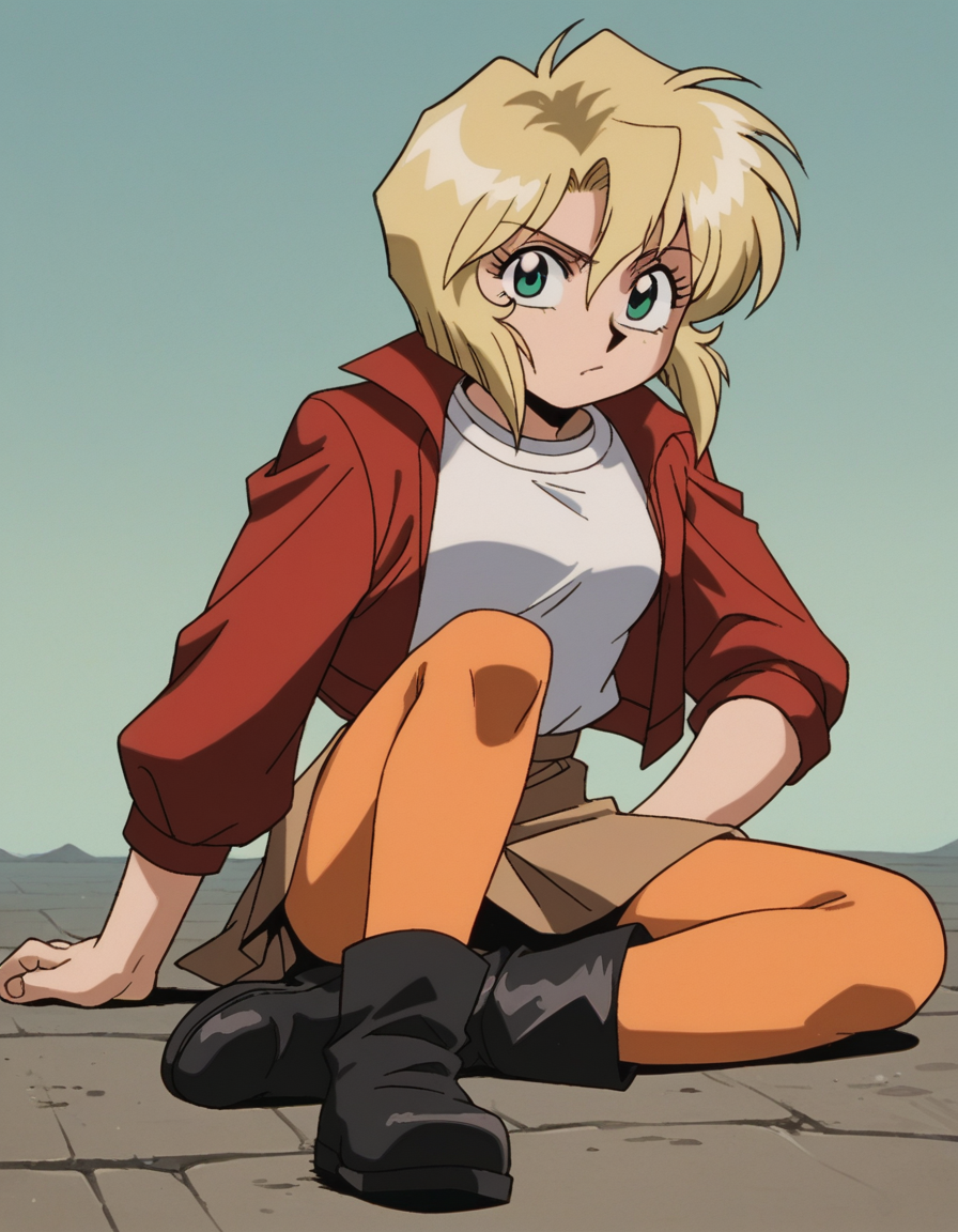 zPDXL, score_9, score_8_up, score_7_up, source_anime, 8k, absurdres, 1990s \(style\), retro artstyle, anime coloring, 
1girl, solo, <lora:Gunsmith_v3-20:1> gnsmth, minniemay, blonde hair, green eyes, short hair, white shirt, red jacket, sleeves rolled up, brown skirt, orange pantyhose, black boots, looking at viewer, petite, small breasts,