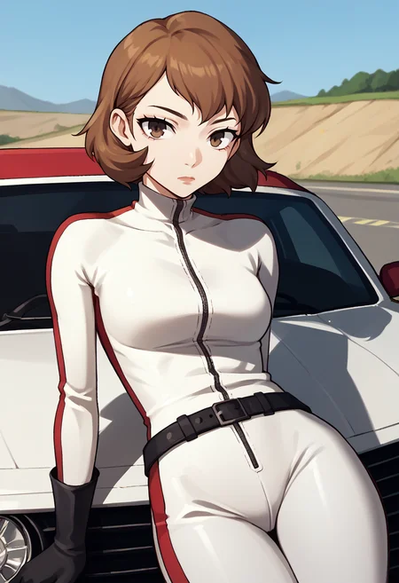 score_9, score_8_up, score_7_up, source_anime, BREAK 1girl, leaning back, on car hood, looking at you, expressionless, <lora:zs_ToriumiXL:1> toriumip3, short hair, brown hair, brown eyes, <lora:BikesuitsMario_XLPD:1> bikesuit, biker clothes, white bodysuit, black belt, outdoors, sports car