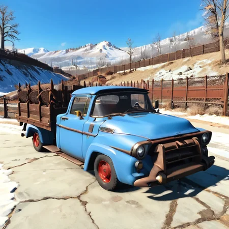 masterpiece,absurd resolution,8k,
fallout,outdoors,sky,day,tree,blue sky,no humans,ground vehicle,scenery,motor vehicle,snow,mountain,fence,car,winter,vehicle focus,truck
, <lora:fallout_xl:1>