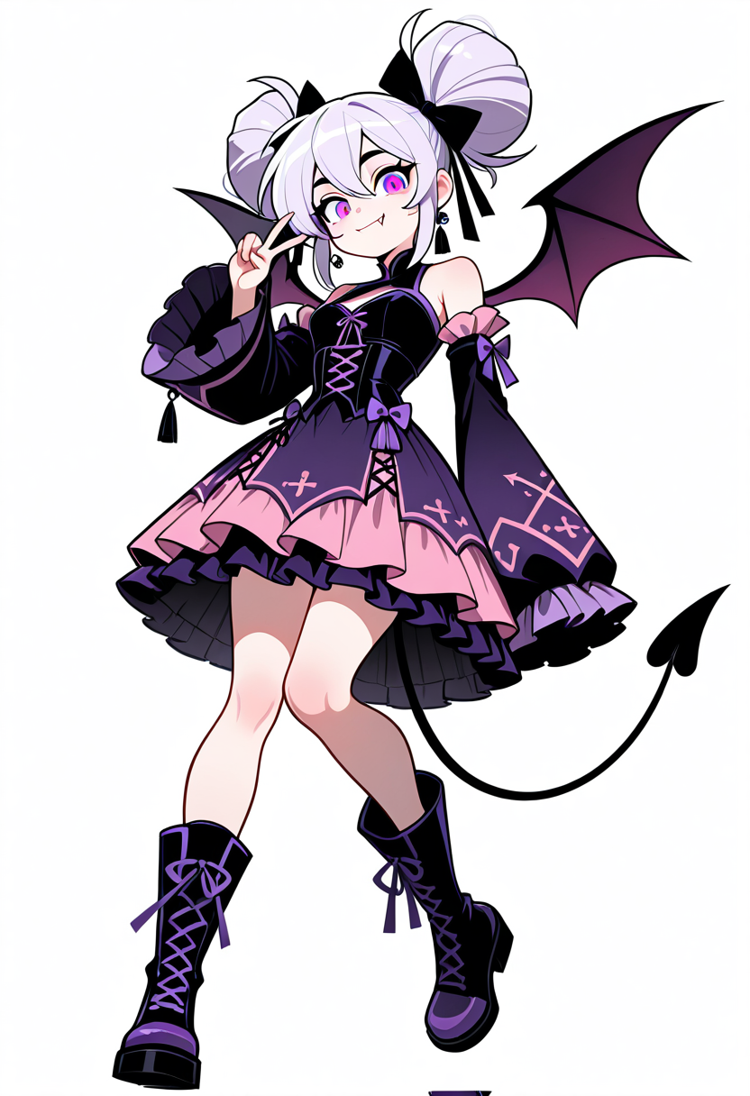 masterpiece, best quality, 1girl, solo, eyelashes, (beautiful eyes),    C0utur3Cr4z3, solo, skirt, long sleeves, white background, dress, bow, standing, tail, full body, boots, frills, detached sleeves, wings, wide sleeves, black footwear, black dress, sleeves past wrists, black bow, standing on one leg, demon girl, frilled dress, bat wings, frilled skirt, frilled sleeves, tassel, pink dress, demon tail, corset, purple dress, sleeves past fingers, demon wings, Lfashion, purple bow, cross-laced clothes, purple footwear,  from below, smile, fang, (v),  <lora:Style60_IXL:1.0>,