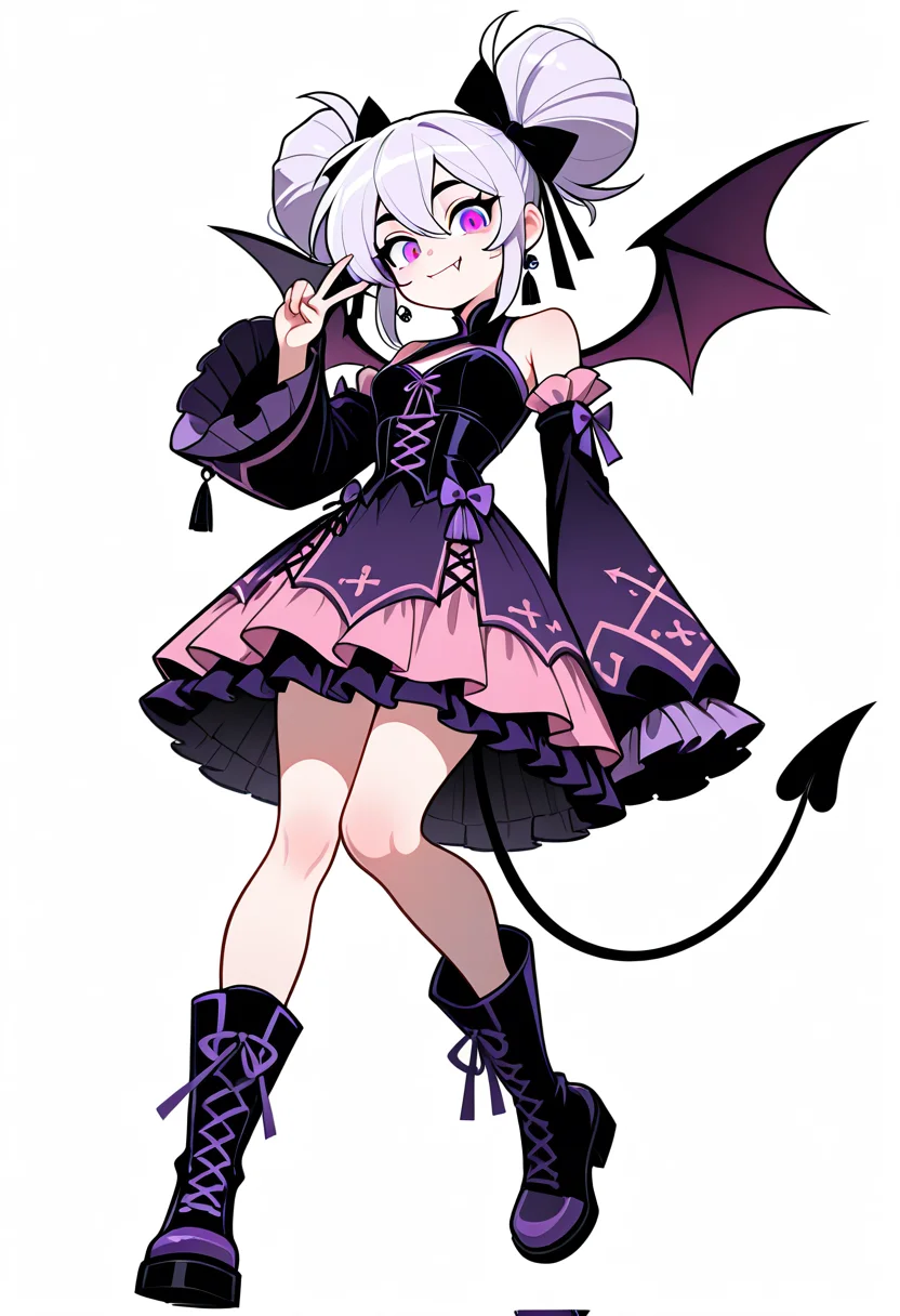 masterpiece, best quality, 1girl, solo, eyelashes, (beautiful eyes), C0utur3Cr4z3, solo, skirt, long sleeves, white background, dress, bow, standing, tail, full body, boots, frills, detached sleeves, wings, wide sleeves, black footwear, black dress, sleeves past wrists, black bow, standing on one leg, demon girl, frilled dress, bat wings, frilled skirt, frilled sleeves, tassel, pink dress, demon tail, corset, purple dress, sleeves past fingers, demon wings, Lfashion, purple bow, cross-laced clothes, purple footwear, from below, smile, fang, (v), <lora:Style60_IXL:1.0>,