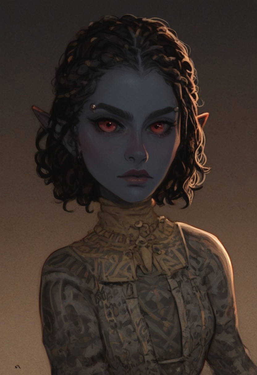 safe_pos, solo, short pointy ears, full body, fighting stance, piercings, random elf face, aquiline features, female dark elf, brow rings, beaded piercings, weathered skin, blue-grey skin, large nose, insect chitin armor, insect chitin helmet, insect chitin ornaments, stylized insect pattern, athletic build,  animated realism, zoomed out, Syrian features, torso, yurts, tents, native camp, elegant berber tapestries, dead desert trees, ash dunes, distant volcano, ashy soil, grey green foliage, distant grey hills, sunrise, gloomy lighting, grey fabric awnings, dark wood posts, light dust clouds, grey-blue skin, mahogany and ivory clothes, medium armor, bone plate armor, ivory straps and fittings, alien bone ornaments, grey wood neckguard, medium_breasts, grey sclera, black pupils, blue-green light, neon, highly detailed, defined features, looking at viewer, three quarters view, from side, dynamic lighting, 29 years old, light and shadows, patterned cloth, joking expression, expressive eyes, detailed medieval clothes, short hair, wavy hair, thick hair, beaded hair, braided hair, under cut hair, semirealistic, alien elf, spanish features, jewish features, black hair, dark red hair, desaturated blue skin, sharp features, pastel green inuit print cloak, nighttime, high detail, absurdres, pretty eyes, detailed eyes, red eyes,