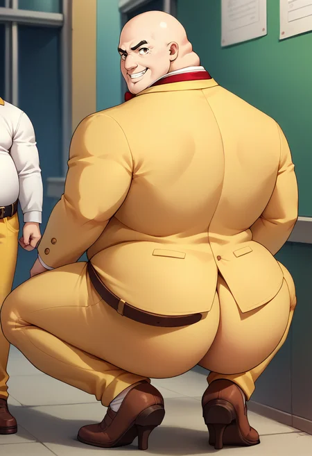 score_9, score_8_up, score_7_up, squatting, from behind, looking back, ass, full body, <lora:BrolyCuloMeme_pdxl_Incrs_v1:1>, 1boy, smile, grin, <lora:p5kobayakawa-pdxl-nvwls-v1:0.8> p5principal, fat man, obese, bald, yellow jacket, formal, white shirt, red bow tie, belt, yellow pants, brown shoes