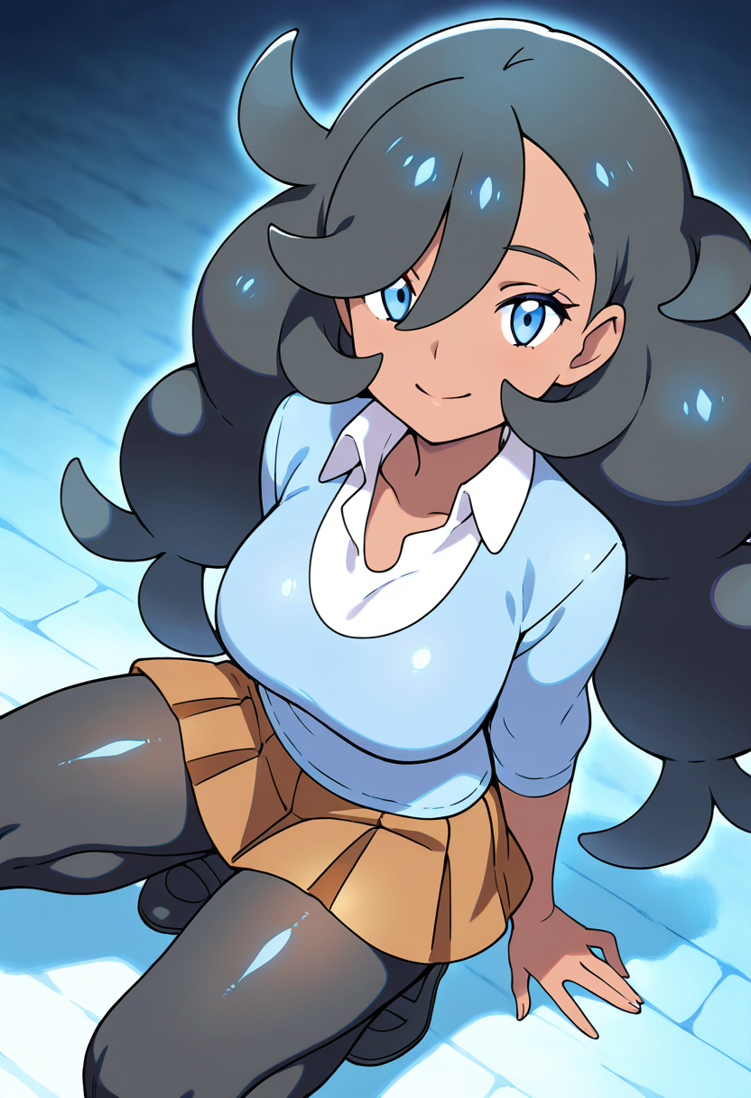 masterpiece, best quality, 1girl, solo, eyelashes, (beautiful eyes), shiny skin, looking at viewer, smile, large breasts, zzEmma, blue eyes, long hair, black hair, dark skin, twintails, hair between eyes, hair over one eye,  white shirt, collared shirt, blue sweater, brown skirt, pleated skirt, black pantyhose,   <lora:EmmaPokemon_IXL_v1:1.0>, crouching, looking up, dynamic angle, cowboy shot, looking at viewer,