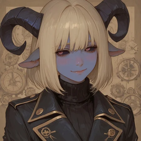 (score_9, score_8_up, score_7_up), source_anime, anime, masterpiece, best quality, 1boy, (male:1.5), dark blue skin, ram-like horns (curved backward, smooth), short tousled blond hair with straight bangs, Dark blue sclera of eyes without iris and pupil, soft rounded facial features, tired smile, slightly chubby (not fat), black coat, black high-neck sweater (turtleneck), Victorian vibe, upper-body portrait, young man, a little embarrassed, awkwardly tilted his head to the side, Eyebrows bunched up, official military uniform, confused, steampunk, bob hair