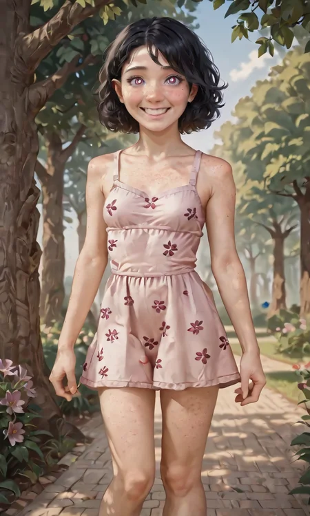 score_9, score_8_up, score_7_up, score_9, score_8_up, score_7_up, semi-realistic, photorealistic, a cute 20-year-old girl, short black hair, pale skin, freckles, blush, wal in a park standing near a tree, lavender short summer dress with pink flowers pattern, happy, blissful, innocent, (covred small breasts:1.4), RAW candid cinema, 16mm, color graded portra 400 film, remarkable color, ultra realistic, textured skin, remarkable detailed pupils, realistic dull skin noise, visible skin detail, skin fuzz, dry skin, shot with cinematic camera, bokeh, sharp focus on subject