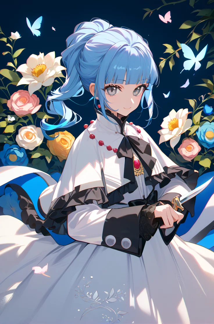 score_9, score_8_up, score_7_up, very aesthetic, source_anime, detailed,
flower background,
cowboy shot, holding knife, looking at viewer, light smile, reverse grip,
<lora:ange_autismConfetti_v02:1>angeBase, blue hair, blunt bangs, ponytail, high ponytail, grey eyes, long hair,
long dress, white dress, sleeve cuffs, long sleeves,, zPDXL