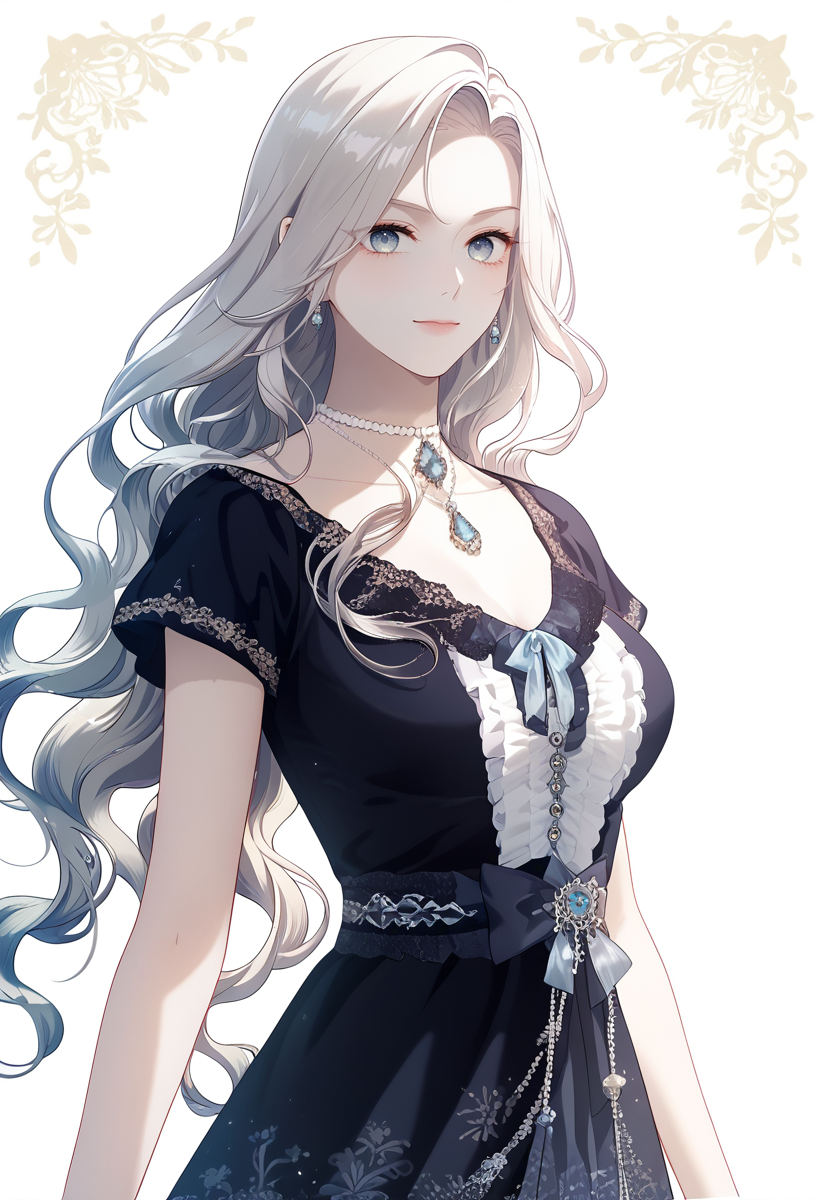 score_9_up, score_8_up, score_7_up, (Anime_source),Masterpiece,(perfect female body:1.2), small waist, (incredibly detailed:1.4), slim, beautiful white skin, Beautiful clear skin, (large breasts:1.4), looking at viewer, big breasts, <lora:Kim_Yi-YoungRenee_Markious_-_The_S-Class_Hunter_doesnt_Want_to_be_a_Villainous_Princess-Kaleid_PONY:1> reneemarkious, 1girl, blue eyes, long hair, grey hair, wavy hair, black dress,