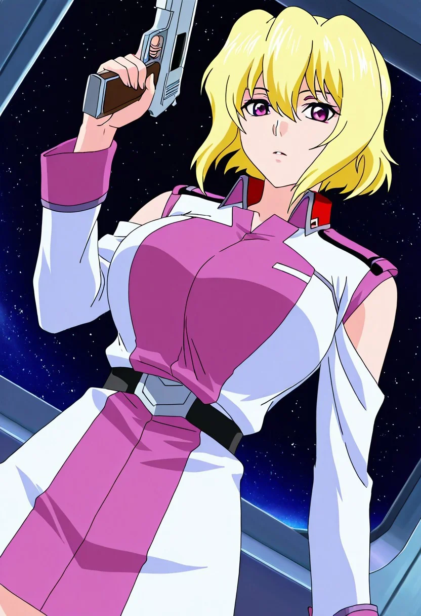 general,highres, ultra-detailed,very aesthetic,best quality ,best hands,best eyes,easynegative,
dynamic anglre, dutch angle, anime cloring,anime screencap,
1girl solo,looking at viewer,space ship,holding gun,
STELLAR Loussier,yellow hair,short hair,purple eyes,huge breasts,militaly uniform,