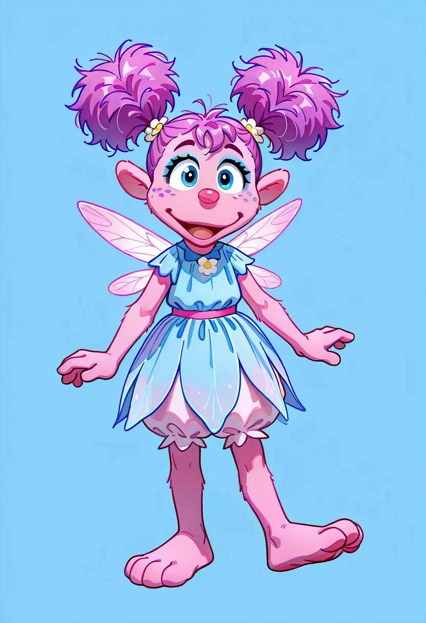 AbbyCadabbySS, 1girl, pink fur, pink body, fairy, pink-magenta nose, purple hair, pink hair, pigtails, light blue fairy outfit, pink wings, barefoot, blue eyes, blue eyelids, purple freckles, short, solo, full body