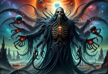 Uhd,oil painting,8k,macabre,horror. Lovecraftian monstrosity,towering over a planet. Glowing eyes, Grim Reaper style, Multiple arms. Tentacle lower body. Humanoid,<lora:Cosmic_HorrorTitan:1>,flux-style