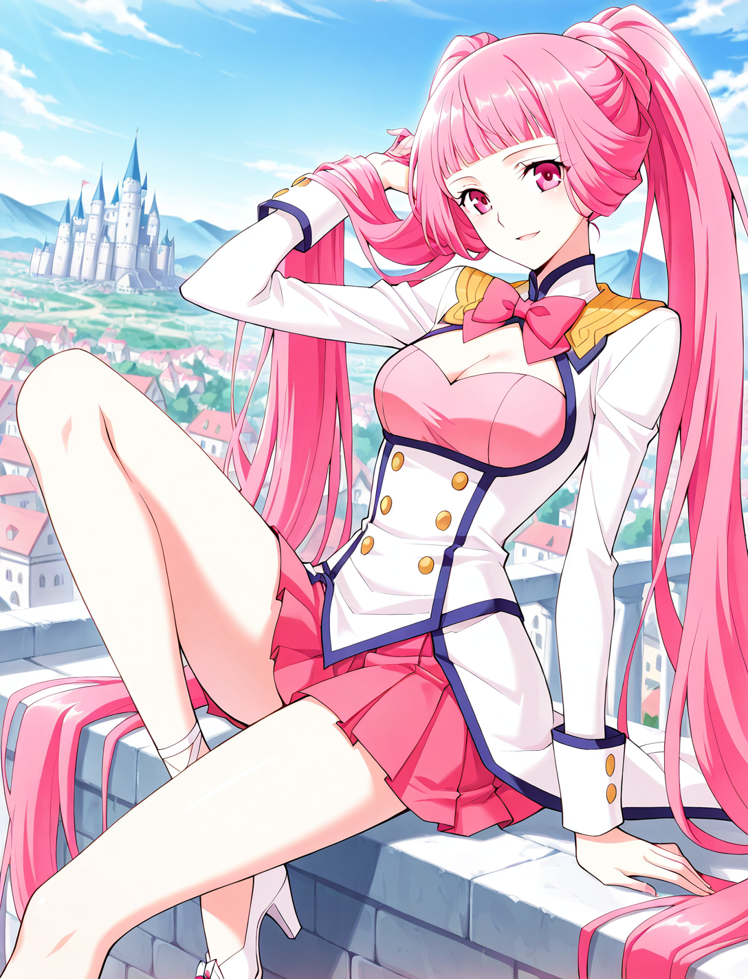 <lora:Nalan_Yanran:1>
1 girl, solo, pink hair, pink eyes, very long hair, twintails, bangs, blunt bangs, ponytail
white dress, cleavage, pink miniskirt, cleavage cutout, pink bow, pink bowtie, pleated skirt, high heels, clothing cutout, long sleeves, sailor collar, pink clothes chest
score_9, score_8_up, score_7_up, very aesthetic, source_anime, detailed, high quality, beautiful, masterpiece, detailed eyes, castle, village, blurry background, cityscape, pose dynamic angle, light smile, open mouth, hand on hair, sitting