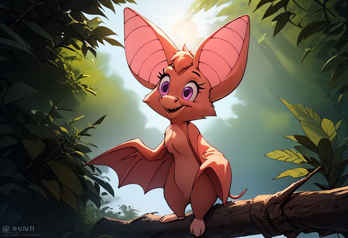 score_9, score_8_up, score_7_up, (best quality:1.1), ultra-detailed, great quality, anthro, high resolution, (((8k))), highly detailed background, high resolution images, portrait.
1girl, 1bat, bat girl, foxglove bat.
daytime.
Summer, bright warm sun, sun rays.
Animal ears, bat ears, 2fangs, only 2 fangs in mouth, fangs out, vampire fangs, giant bat wings, huge bat wings, detailed bat wings, wings larger than body, big wings.
Wide smile, looking at viewer, big eyes, sexy pose, cuteness, kawaii, fluffy.
Standing on a tree branch, looking to the side