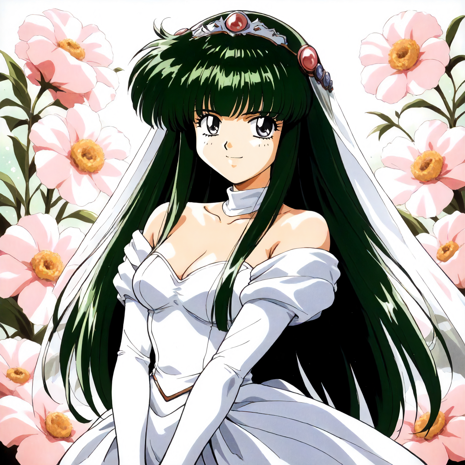 <lora:RC_masou_shizukaXLanimagine001:0.8>,
masterpiece,high score,great score,absurdres,
flower background,glitter,
smile,
looking at viewer,
solo,
anime coloring,retro artstyle,1990s (style),
masou_shizuka\(rance_series\),1girl,green hair,long hair,black grey eyes,
cowboy shot,standing,
wedding_dress,