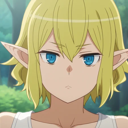 source_anime,score_8, score_9,
outdoors, forest,nature,
<lora:RyuuSDXL:0.9>,1girl,solo, short hair, blonde hair, blue eyes, pointy ears, hair between eyes,sleeveless shirt,looking at viewer,bored, portrait, collarbone, close-up, jitome, 
anime screencap, anime coloring,