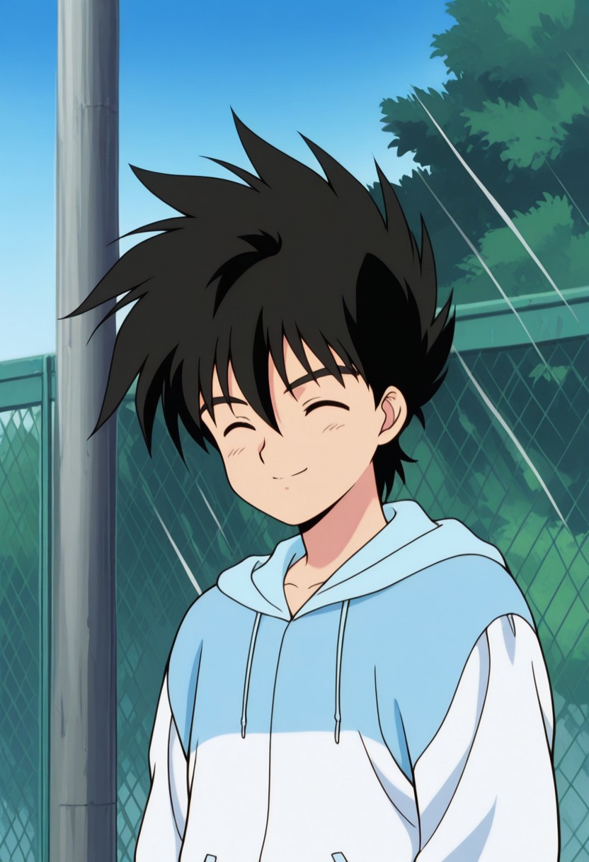 masterpiece,best quality,amazing quality, source_anime,
hayatokazami, 1boy, male focus, solo, closed eyes, black hair, hoodie, white and blue hoodie, raglan sleeves, hood, upper body, smile, outdoor,