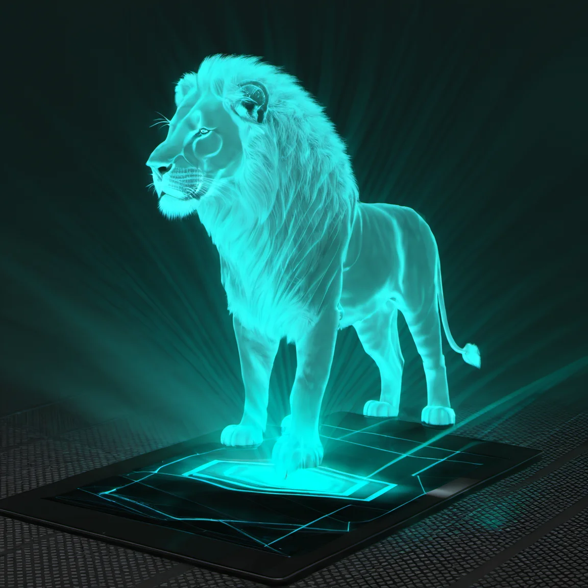 hologrameffect, a lion is standing on a tablet screen<lora:hologram_effect:1>