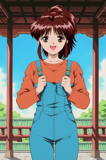 anime screencap, anime coloring, detailed face, masterpiece, best quality, very aesthetic, absurdres, volumetric lighting, official style, amazing quality, ultra detailed, highres, amazing quality, scenery, beautiful detailed hair, beautiful detailed eyes,
outside, Chinese palace,
<lora:Miaka_Yuuki_Fushigi_Yuugi_-_Illustrious_V2:1>
Miaka Yuuki, 18 year old girl, 1girl, solo, brown hair, brown eyes, round eyes, (Retro artstyle, 1990s (style)), Miaka overalls with orange shirt outfit, ponytail, shirt, suspenders, long sleeves, pants, medium breasts,
cowboy shot, laughing girl, mouth open, big smile, looking at the viewer, focus on girl's face, teeth on top row only, girl in the entire frame of the shot