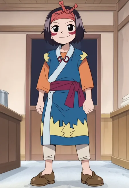 source_anime,anime screencap, anime coloring,intricate details,rating_explicit, masterpiece, best quality,
(best quality, absurd res, ultra detailed),,1girl, ((solo)), good eyes,perfect eyes,,detailed eyes, zPDXLxxx , zPDXL3,detailed, detailed face
BREAK
solo,indoors,standing,full body,front view,
Kodama, black eyes, black hair, headband, facepaint, Japanese clothes, 
smirk, 
, <lora:add-detail-xl:2> <lora:Kodama:0.8>