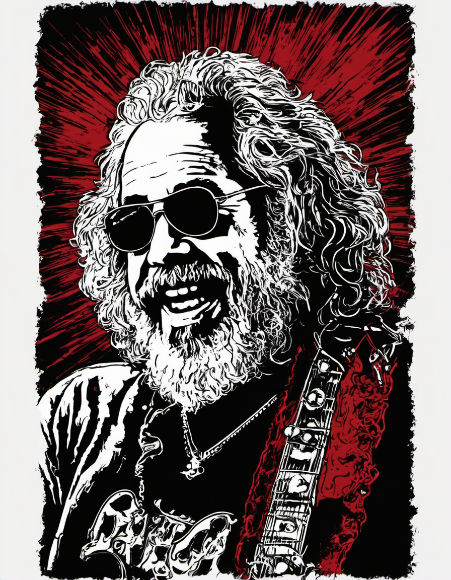 metal_tee, Jerry Garcia, vector digital illustration, (black background:1.5) <lora:metal_tee_sdxl:1>, red
