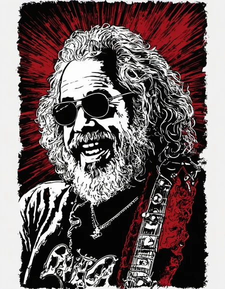 metal_tee, Jerry Garcia, vector digital illustration, (black background:1.5) <lora:metal_tee_sdxl:1>, red