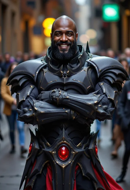 An african-american man wearing Alarak's iconic black spiked armor, he's smiling and has his arms crossed, as if he was in a stock photo