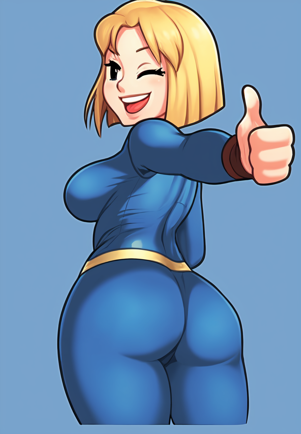 <lora:vault-girl:0.8>, vault-girl, 1girl, solo, smile, open mouth, medium breasts, ass, one eye closed, looking back, from behind, bodysuit, blue background, skin tight, cropped legs, thumbs up