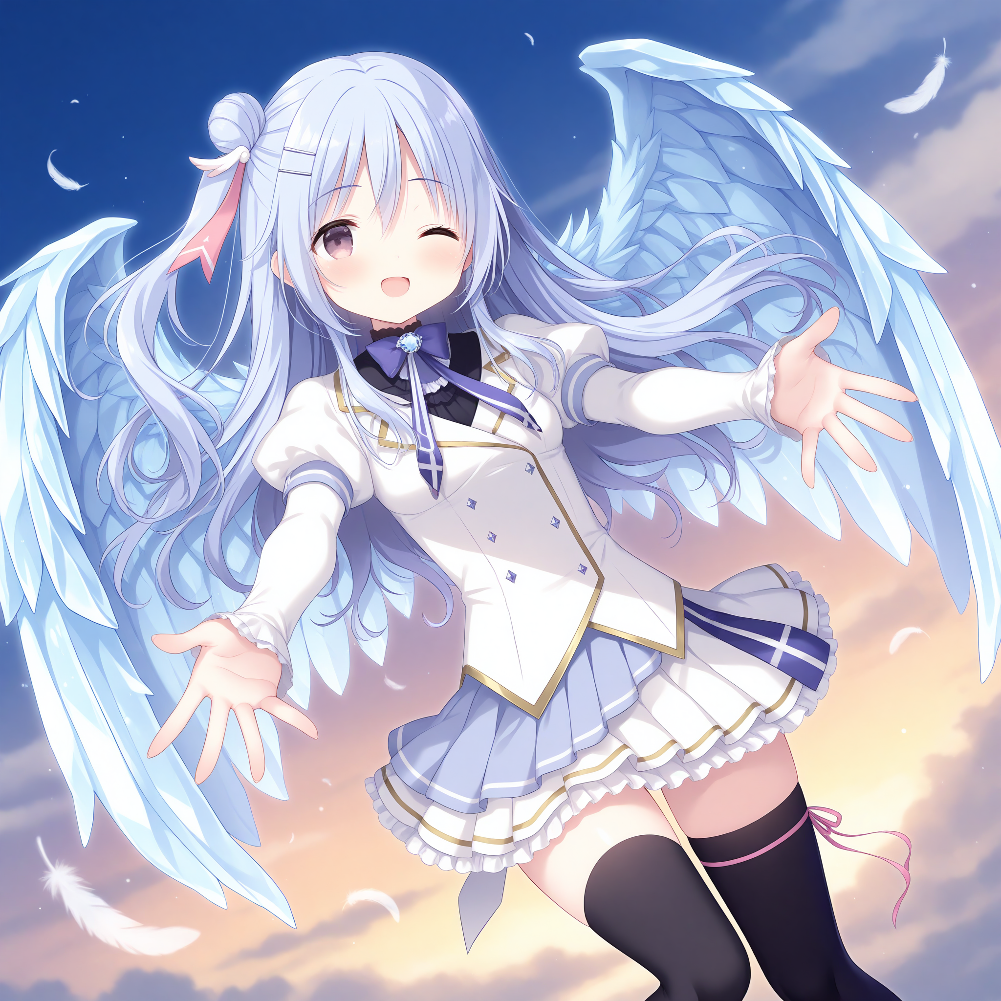 <lora:Arianna_Heartbell_1_nai-000022:1>,Arianna Heartbell,
one side up,single hair bun,single side bun,hairclip,hair ornament,
school uniform,black thighhighs,pleated skirt,long sleeves,puffy sleeves,white jacket,juliet sleeves,black shirt,ribbon,frills,white skirt,frilled skirt,purple bowtie,layered sleeves,pink ribbon,collared shirt,blue skirt,miniskirt,layered skirt,blue gemstone,
1girl,solo,looking at viewer,smile,open mouth,feathered wings,flying,sky,feathers,falling feathers,aerial,depth of field,dutch angle,leaning back,reaching towards viewer,one eye closed,spread_arms,