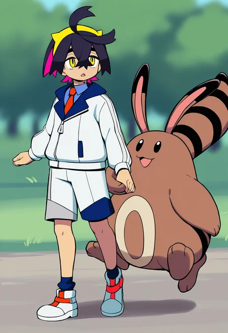 masterpiece, best quality,,detailed_background,outdoors,full body,mole on neck,long sleeves,nintendo,1boy,creatures \(company\),holding hands,jacket,short hair,white shorts,black hair,sentret,yellow eyes,pokemon sv,kieran \(pokemon\),karin \(100100\),white jacket,mole,hair between eyes,pokemon,male focus,sneakers,game freak,shoes,shorts,gen 2 pokemon,pokemon \(creature\)
