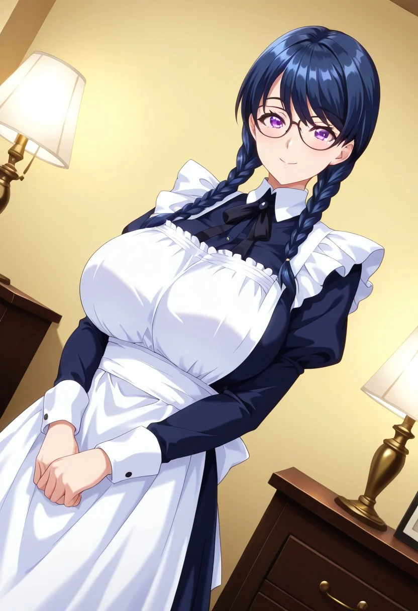 general,highres, ultra-detailed,very aesthetic,best quality ,best hands,best eyes,easynegative,
dynamic anglre, dutch angle, anime cloring,
1girl solo,looking at viewer,smile,indoors, bedroom, smile, only lamp light, standing,
Ren Takahara,navy blue_hair, braids,purple eyes, huge_breasts, glasses,french maid costume,