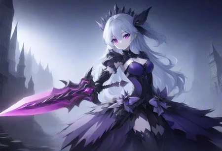 easynegative, ((negative_hand)), hunluanxiantiao style, monochrome, cowboy shot, depth of field, detailed background, score_9, score_8_up, score_7_up, BREAK, solo, masterpiece, dark aura, a 20-year-old magical girl fueled by eldritch deities, face retouch, paper white skin, long hair, white hair, medium breasts, curious expression, playful pose, mischievous imp familiar, idol dress, black and purple outfit, gothic, Wielding sword, swirling miasmic energy, cartoonish gothic castle in the background