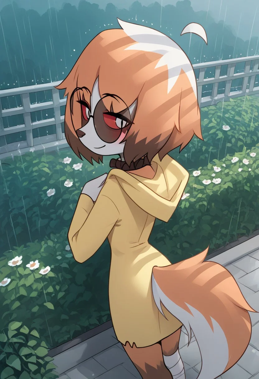 Expressiveh, score_9, score_8_up, score_7_up, score_6_up, score_5_up, best quality, high quality, good anatomy, realistic, high res, nice shading, nice angle, outdoor, 1girl, solo, sol, furry, animal ears, dog ears, tail, white tail, orange tail, ahoge, short hair, multicolored hair, orange hair, white hair, red eyes, white pupils, blush, skinny, petite body, cute face, sunglasses, round eyewear, hood, hood up, collar, bandaged legs, sad, smile, raining, garden, standing, flower, looking at flower, from behind