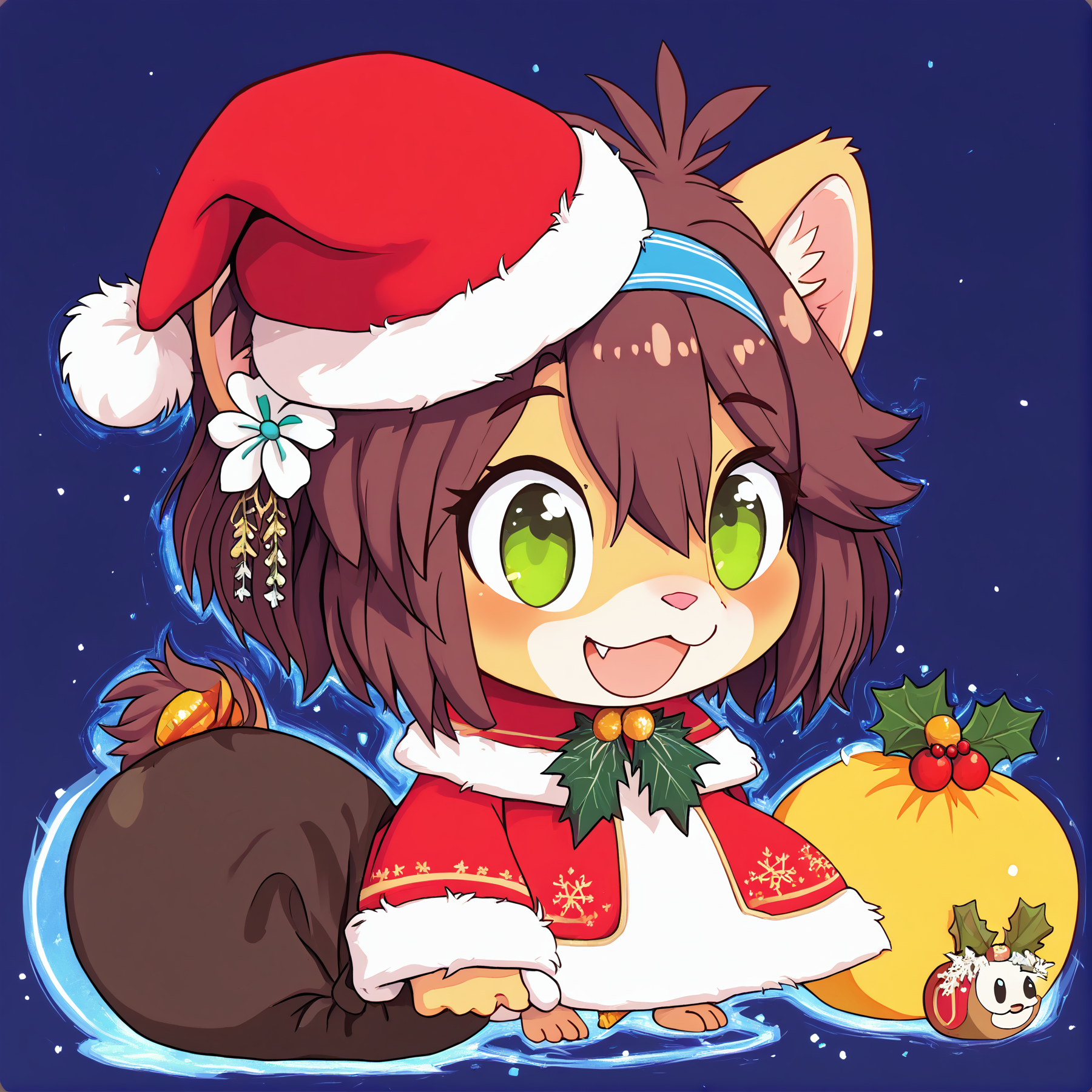 padoru <lora:padoru-IL-1.0:1>, masterpiece, perfect quality, best quality, anime coloring, 1girl, solo, padorumeme, padoru, simple dark blue background, Keiko, 1girl, solo, brown hair, furry female, green eyes, smile, animal ears, tail, animal nose, hairband, hair ornament, hair flower, body fur, short hair, bangs, lion ears,  <lora:Keiko_v03_PDXL:1>, christmas hat, score_9, score_8_up, score_7_up, score_6_up, score_5_up, score_4_up,