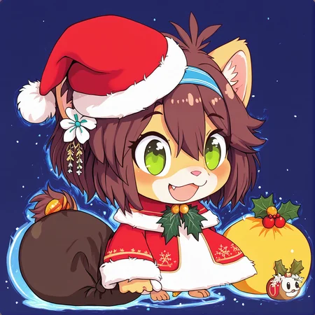 padoru <lora:padoru-IL-1.0:1>, masterpiece, perfect quality, best quality, anime coloring, 1girl, solo, padorumeme, padoru, simple dark blue background, Keiko, 1girl, solo, brown hair, furry female, green eyes, smile, animal ears, tail, animal nose, hairband, hair ornament, hair flower, body fur, short hair, bangs, lion ears, <lora:Keiko_v03_PDXL:1>, christmas hat, score_9, score_8_up, score_7_up, score_6_up, score_5_up, score_4_up,