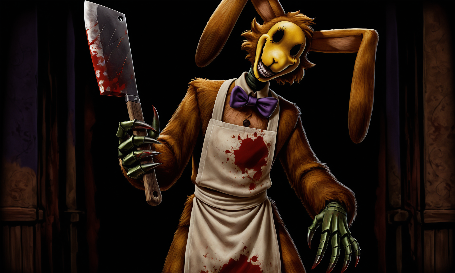 Lorenzo_waterman, claws, bowtie, smile, apron, head tilt, holds bloody cleaver,
intricate, details, detailed, gloomy, dark, <lora:lorenzo-Illustrious-000015:1>