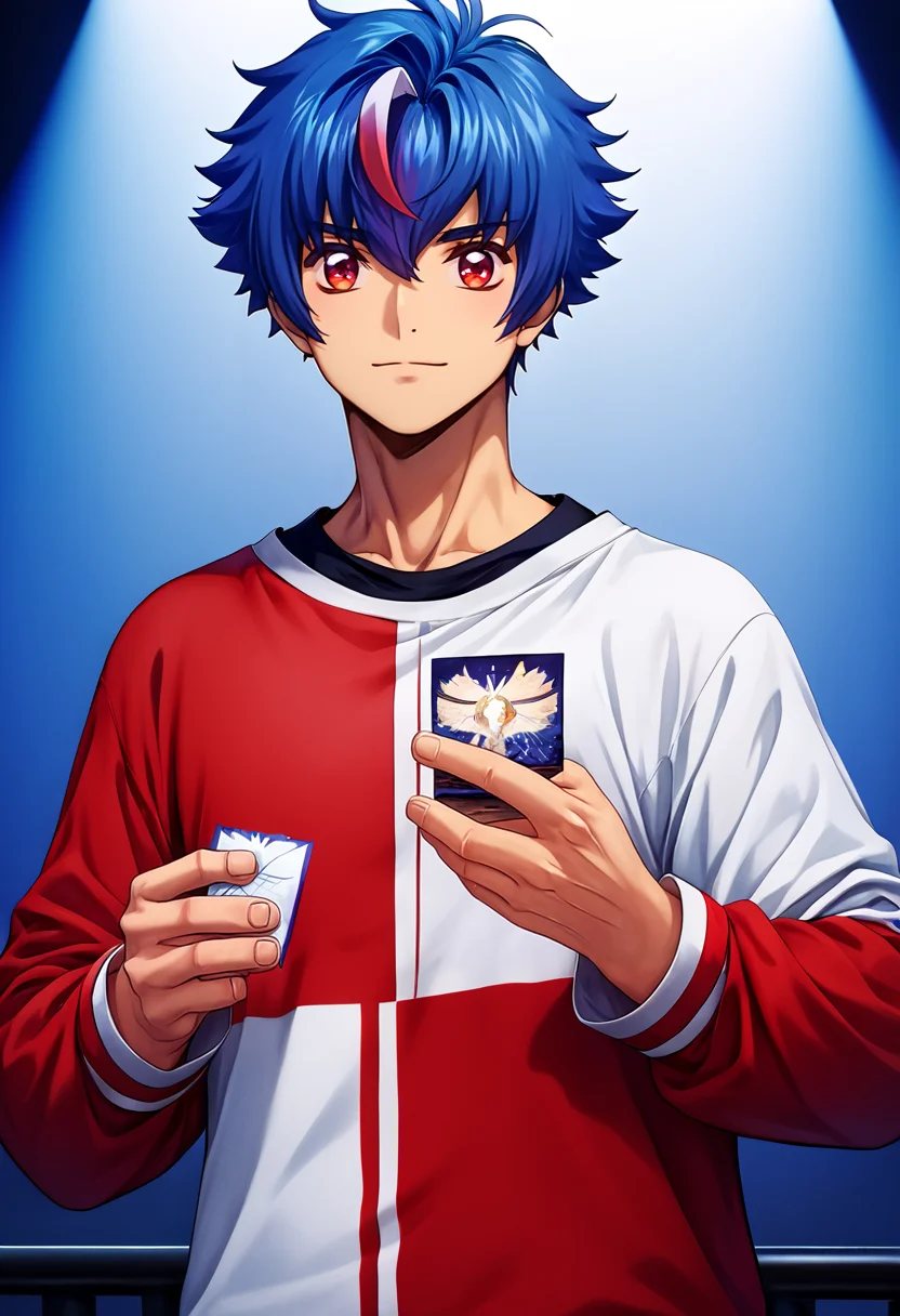 score_9,score_8_up,score_7_up,score_6_up,score_5_up,score_4_up,source_anime,rating_safe,akina myodo,1boy,male focus,solo,shirt,red-white shirt,upper body,(card,holding, holding card,trading card),black shirt,stage lights,blue_hair,<lora:Akina_Myodo_V1_2-000008:1>,