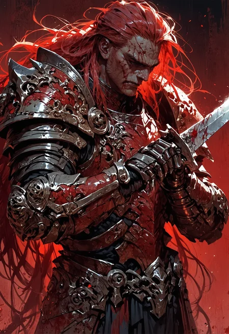 score_9, score_8_up, score_7_up, score_6_up, score_5_up, score_4_up,<lora:Fant5yP0ny:0.8>, 1boy, bloody, long hair, solo, holding 1 sword, gauntlets, armored, red theme,