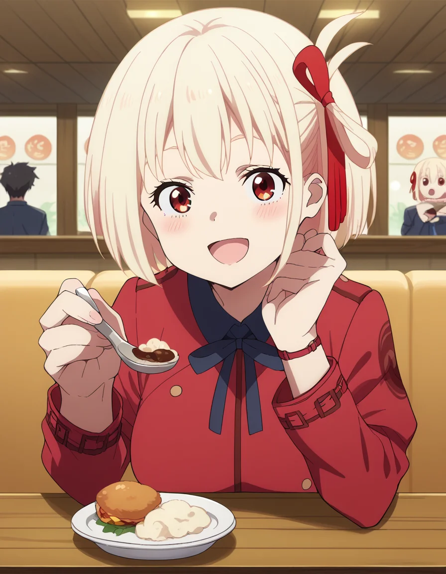 score_9, score_8_up, score_7_up, source_anime, chisatonishikigi, <lora:chisato-nishikigi-s1-ponyxl-lora-nochekaiser:1>, chisato nishikigi, short hair, bangs, blonde hair, red eyes, hair ribbon, one side up, bob cut, large breasts,, <lora:incoming-spoon-ponyxl-lora-nochekaiser:1> incoming food, spoon, holding, holding spoon, food, looking at viewer, open mouth, blush, smile, restaurant, plate, hand up,, ,