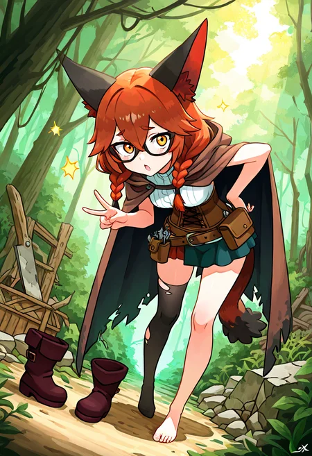 masterpiece, best quality, looking at viewer, zzNickit, 1girl, solo, twin braids, windswept fringe, tattered cloak, leather corset top, torn leggings, asymmetrical skirt, utility belt with pouches, overgrown forest ruins, mid-leap pose, alert expression, shafts of sunlight cutting through trees â Leaping from one mossy stone to another in a forgotten woodland shrine, she glances sharply to the side, twin braids snapping behind her. Her tattered cloak flares as she moves, revealing a weathered corset and belt stacked with tiny tools. Leaves crunch beneath her worn boots as she disappears into the ruins like a whisper in the underbrush. ,<lora:NickitPokedex_IXL_v1:1.0>, foreshortening, dynamic angle, close up, leaning forward,