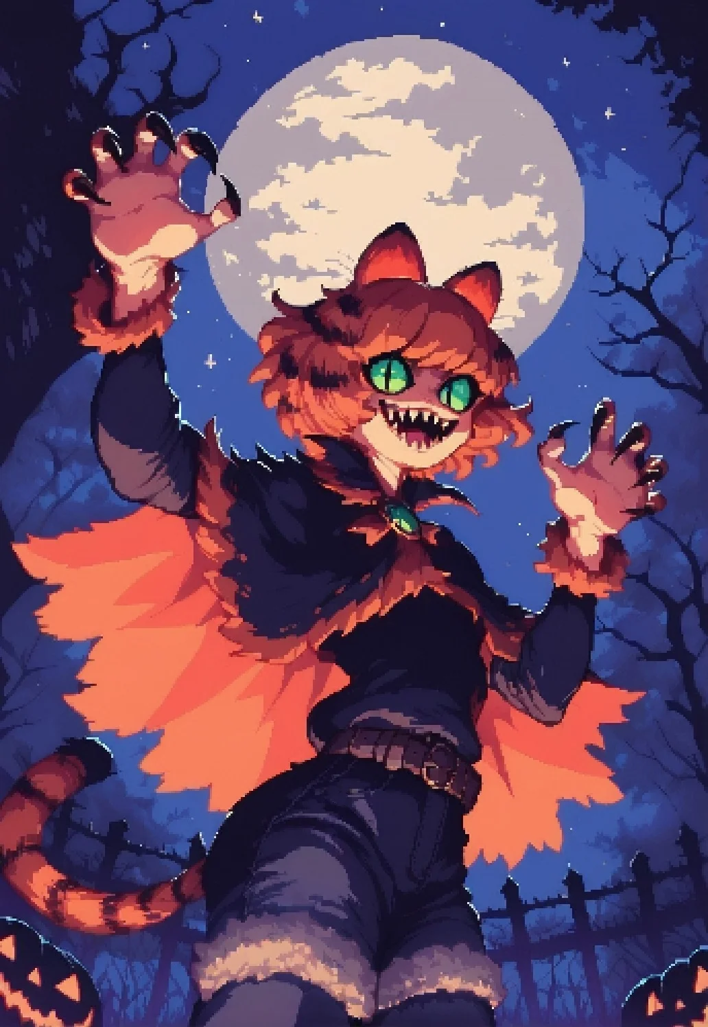 score_9, score_8_up, score_7_up, d3p1x3l, pixel art, scenery, garfield, animal ears, solo, 1boy, tail, capelet, fur_trim, orange hair, short hair, thighhighs, black shorts, open mouth, sharp teeth, smile, claw pose, hands up, night, starry sky, full moon, pumpkin, jack-o'-lantern, halloween, foreshortening, from below, close-up, cowboy shot, motion_blur.