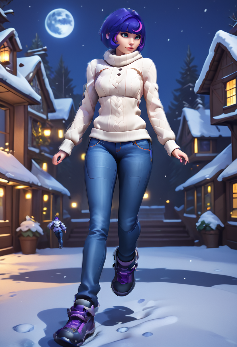 score_9, score_8_up, score_8,
solo,  <lora:Juno_Overwatch_for_PonyXL:0.8> 1girl, jun0, solo, short hair, purple hair, multicolored hair, walking, sweater, jeans, snow, night, full moon, window, outdoors,
3d. sfm,