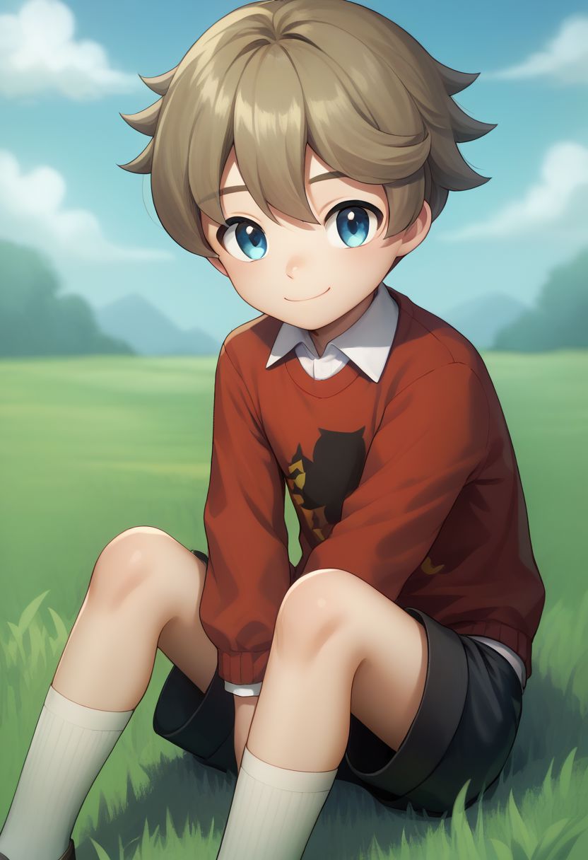 score_9, score_8_up, score_7_up, source_anime, highly detailed, 1boy, solo, cute,
youngster, 1boy, male focus, blue eyes, solo, brown hair, collared shirt, bangs, closed mouth, smile, stand, shorts, socks, 
outdoor, grass, sky,