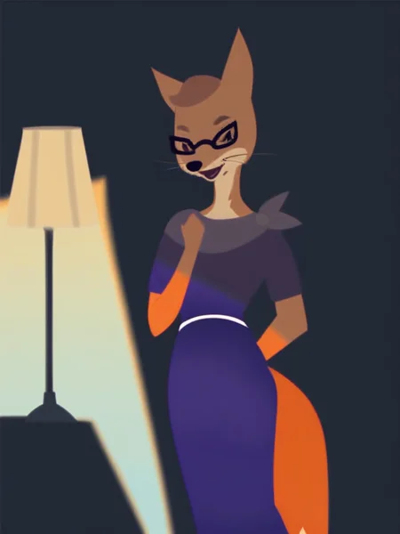 score_9, score_8_up, score_7_up, score_6_up, score_5_up, score_4_up , 1girl, solo, SDFoxie, glasses, purple dress, lamp, detailed face, detailed eyes, detailed background,  <lora:foxie-v2:1>