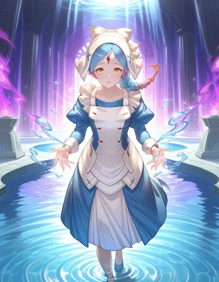 masterpiece, amazing quality, best quality, Smooth Quality, high contrast, intricate details, kudo, Ultra high quality, BREAK ambient occlusion, raytracing, soft lighting, blum effect, masterpiece, absolutely eye-catching, particles,sunbeam,open shade lighting,on_water,multicolored background, BREAK
LilithFEIF, long hair, braided, two-tone hair, yellow eyes, Blue Maid Costume, Apron, White Bonnet, bowtie, blue stitch, forehead crystal, 1girl, mature,
Water Temple, Water bending, Water Vortex left and right, walking towards viewer, female focus, ((purple aura)), purple aura around girl, water magic, water magic around female, water droplets in air, empty temple,
gbf_style