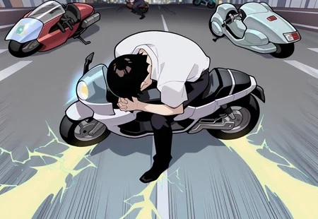 masterpiece,best quality,amazing quality,very aesthetic,absurdres,newest, huge filesize,

BREAK 

1boy,ikari shinji


soro,

sitting, full body, from above, parody, meme, own hands clasped, head down, shinji in a chair \(meme\),

akira_slide, ground vehicle, motorcycle, on motorcycle, road, city, electricity, speed lines,
riding motorcycle