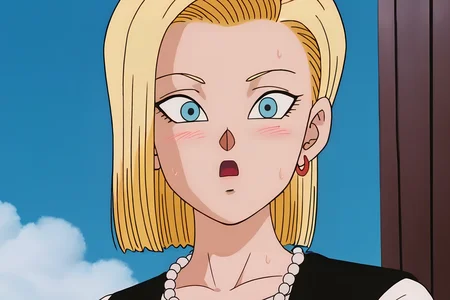source_anime, score_9, score_8_up, score_7_up, anime screencap, high quality,
android 18, cell saga, 1990s \(style\), official style, 1girl, solo, blush, short hair, open mouth, blue eyes, blonde hair, smoke, scared, sweat, necklace, worried, close-up, forehead, pearl necklace, black vest, portrait, looking at another
<lora:c18_pony:0.8>